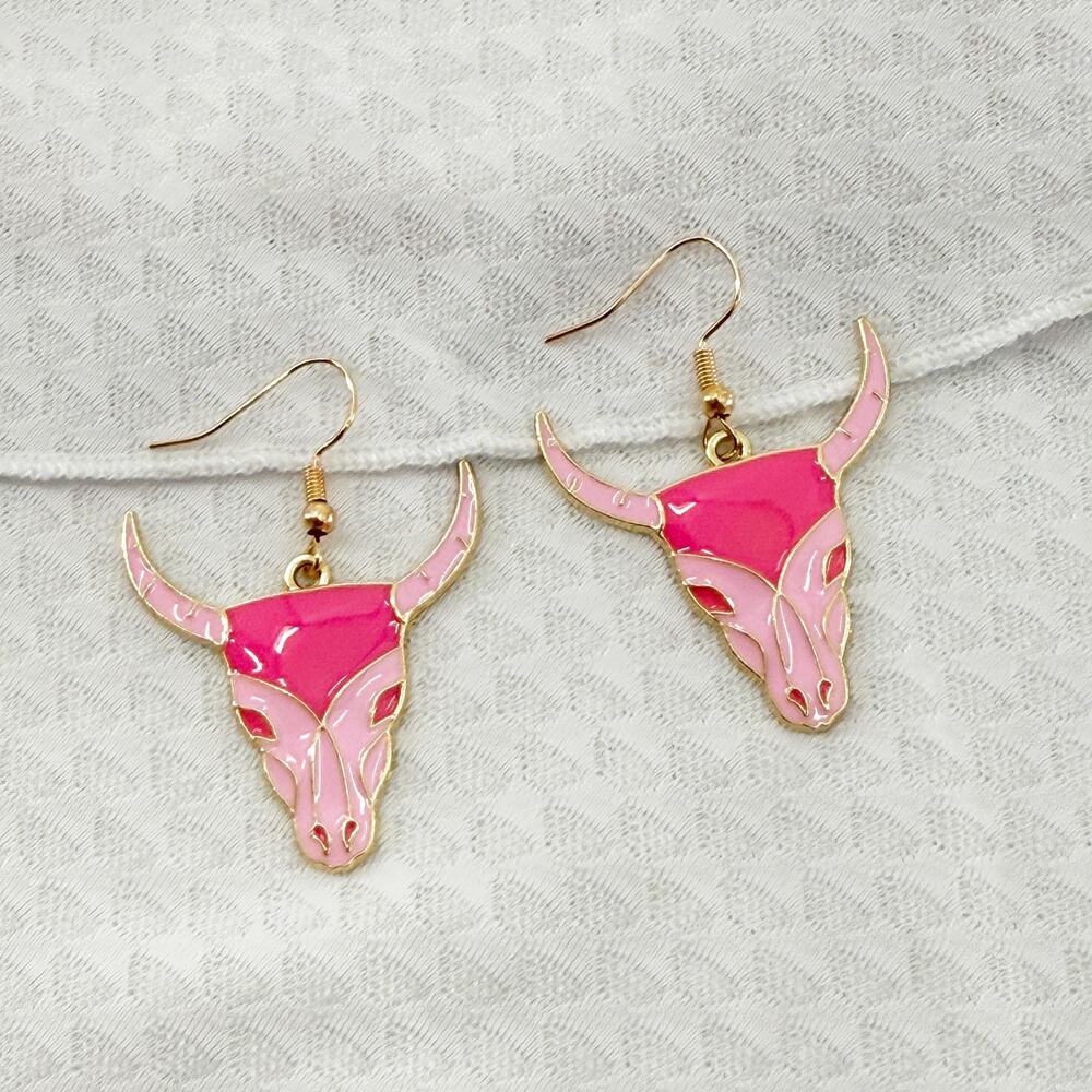 Pink Bull Skull Dangle Earrings, Bull Skull Earrings, Animal Skull Dangle Hoops